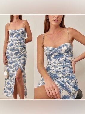 Reformation Kourtney Pastoral Side Slit Midi Dress blue